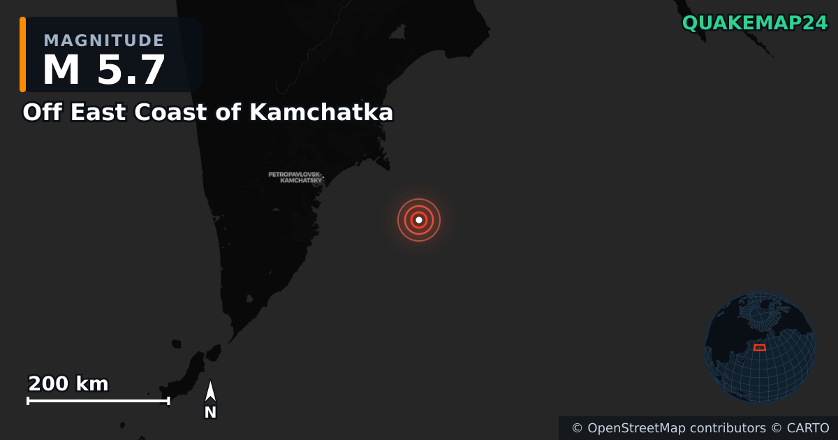 M5.7 earthquake near Off East Coast of Kamchatka on Aug 3, 2025 — map of epicenter and shaking intensity | QuakeMap24
