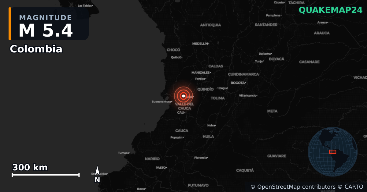M5.4 earthquake near Colombia on May 14, 2026 — map of epicenter and shaking intensity | QuakeMap24