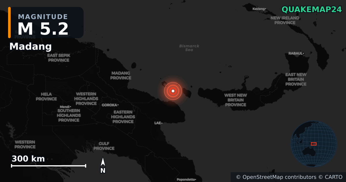 M5.2 earthquake near Madang on Dec 23, 2025 — map of epicenter and shaking intensity | QuakeMap24