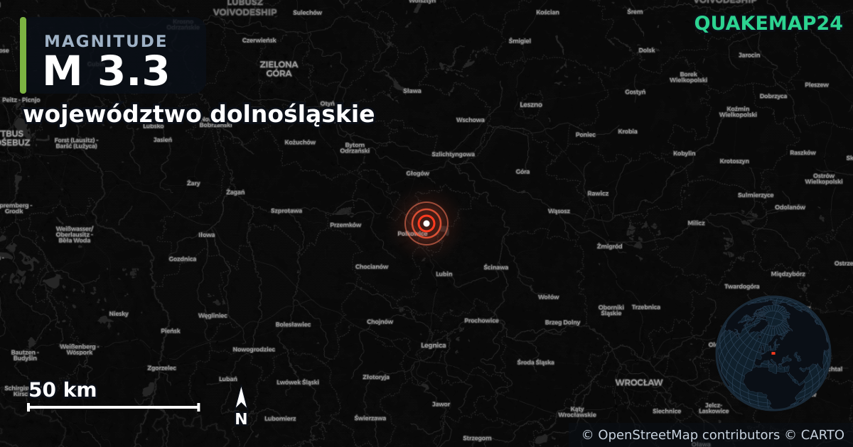 M3.3 earthquake near województwo dolnośląskie on Jul 6, 2025 — map of epicenter and shaking intensity | QuakeMap24