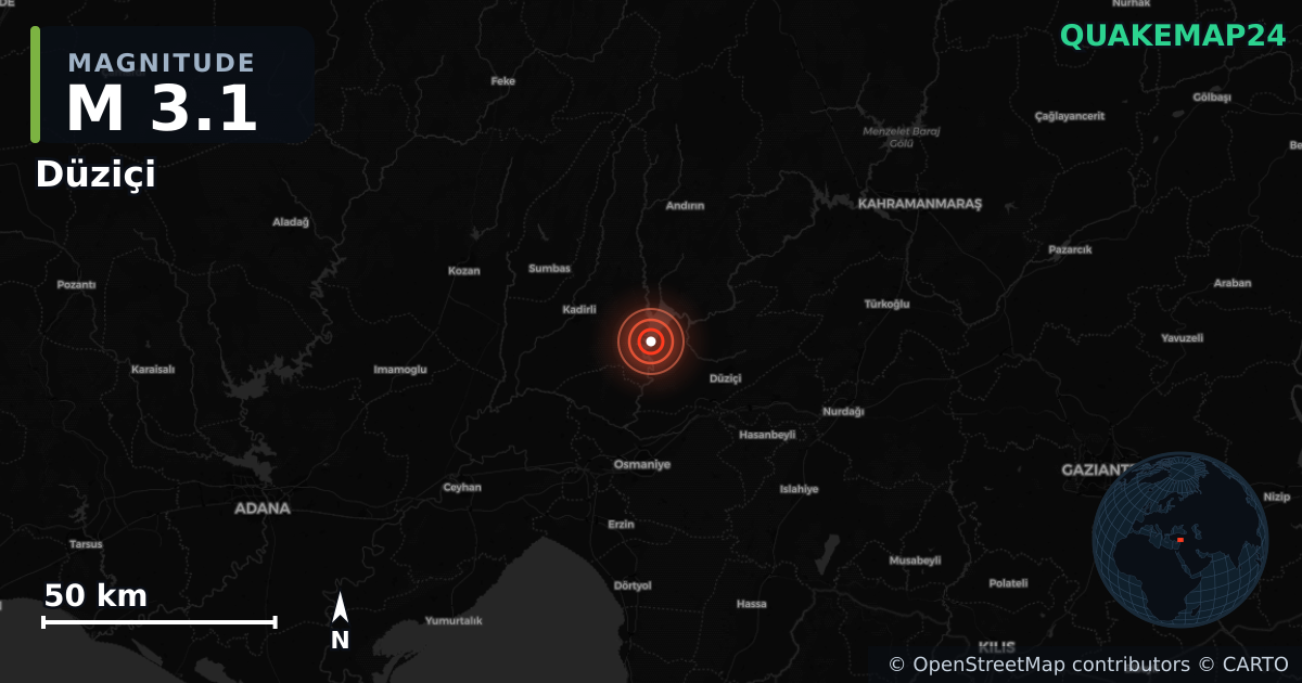 M3.1 earthquake near Düziçi on Nov 28, 2025 — map of epicenter and shaking intensity | QuakeMap24