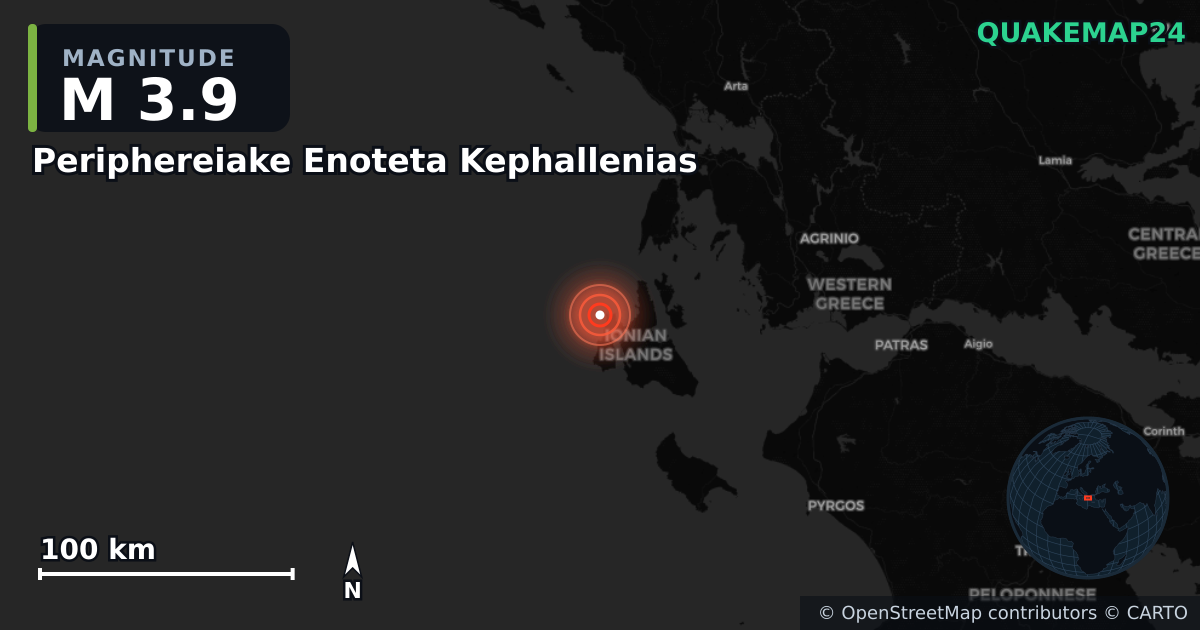 M3.9 earthquake near Periphereiake Enoteta Kephallenias on Jan 10, 2026 — map of epicenter and shaking intensity | QuakeMap24