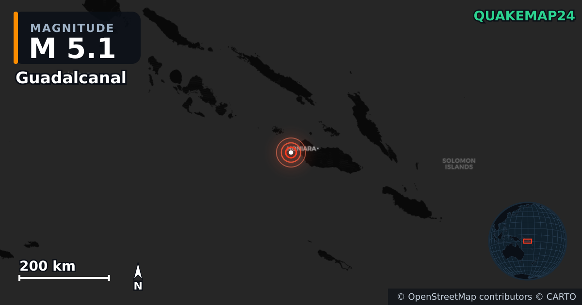 M5.1 earthquake near Guadalcanal on Feb 14, 2026 — map of epicenter and shaking intensity | QuakeMap24