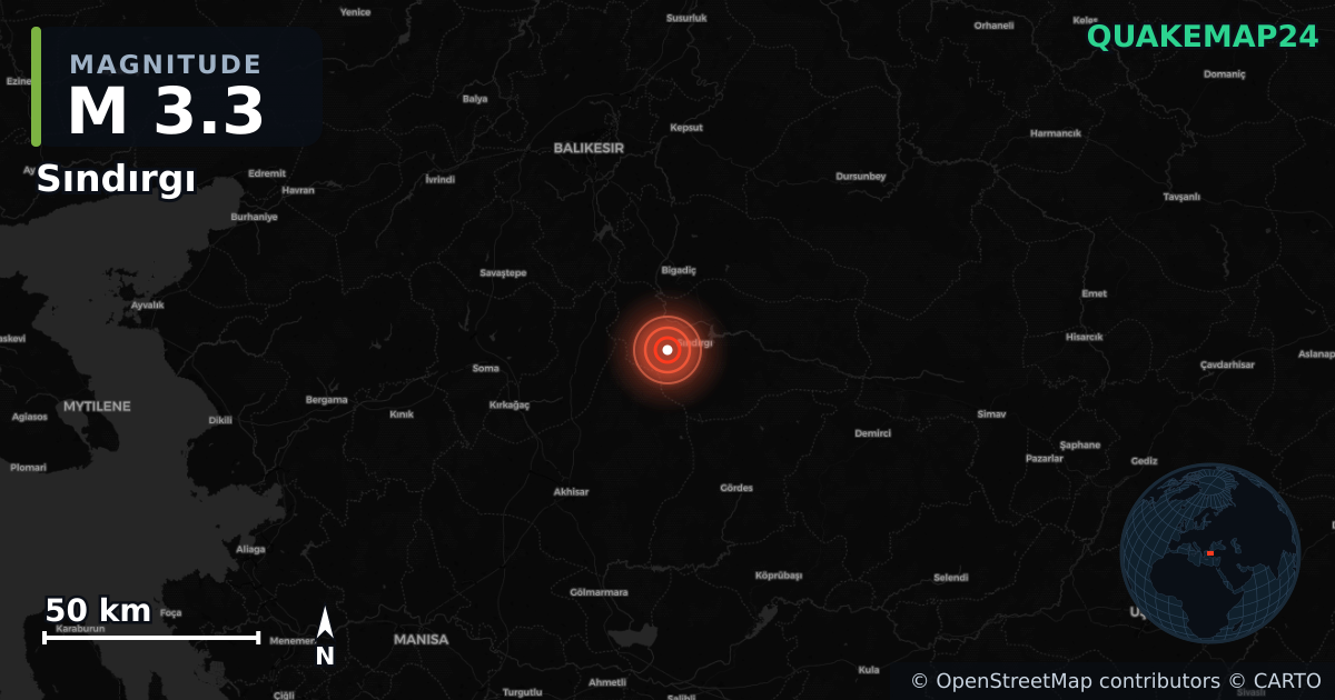 M3.3 earthquake near Sındırgı on Jan 26, 2026 — map of epicenter and shaking intensity | QuakeMap24