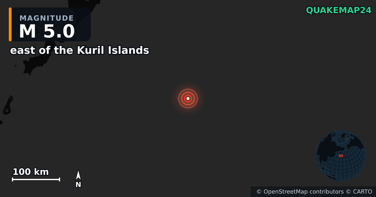 east of the Kuril Islands yakınında M5,0 deprem — Deprem merkez üssünün konumunu gösteren harita
