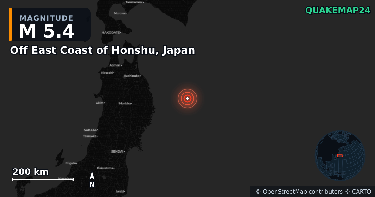 M5.4 earthquake near Off East Coast of Honshu, Japan on Apr 22, 2026 — map of epicenter and shaking intensity | QuakeMap24