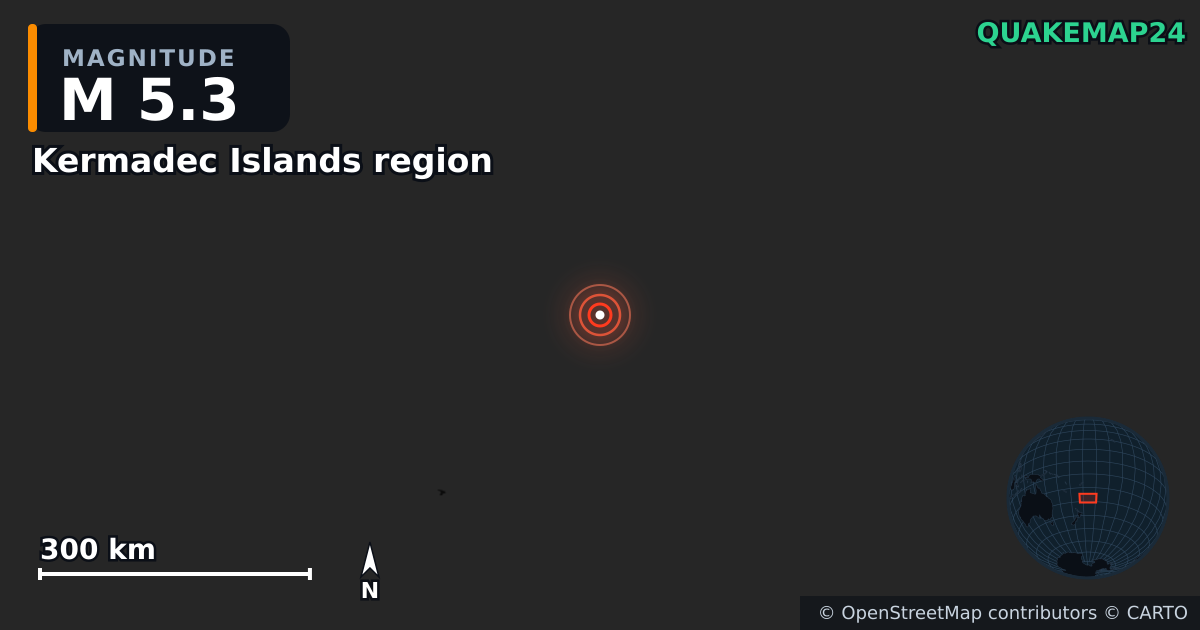 M5.3 earthquake near Kermadec Islands region on Dec 4, 2025 — map of epicenter and shaking intensity | QuakeMap24