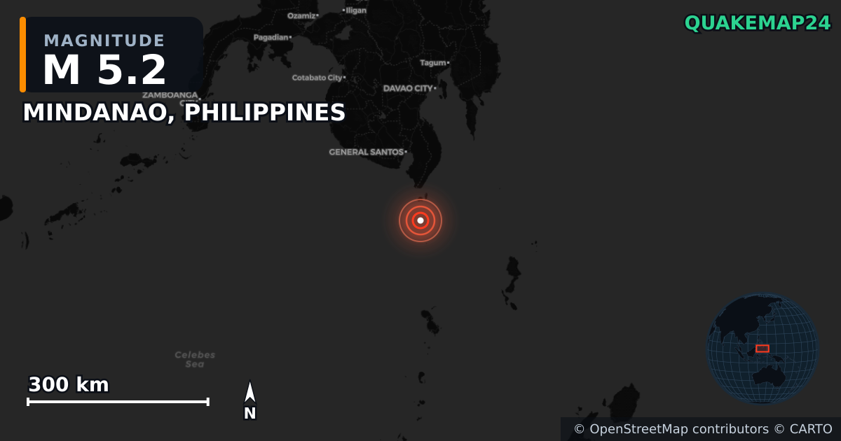 M5.2 earthquake near MINDANAO, PHILIPPINES on Aug 5, 2026 — map of epicenter and shaking intensity | QuakeMap24