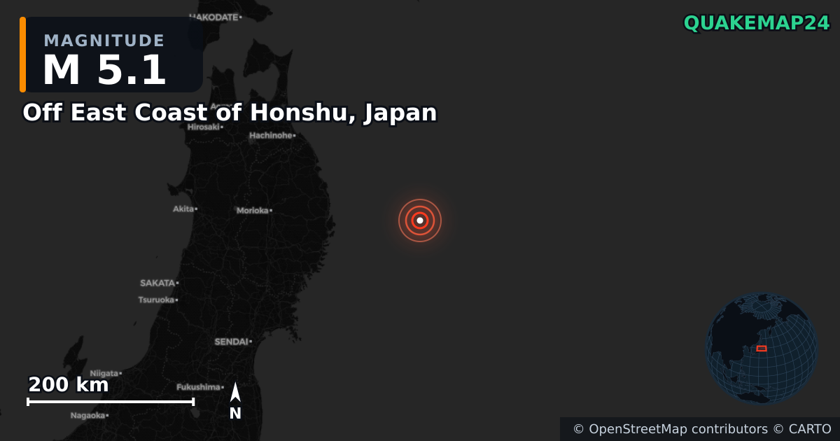 M5.1 earthquake near Off East Coast of Honshu, Japan on Nov 9, 2025 — map of epicenter and shaking intensity | QuakeMap24