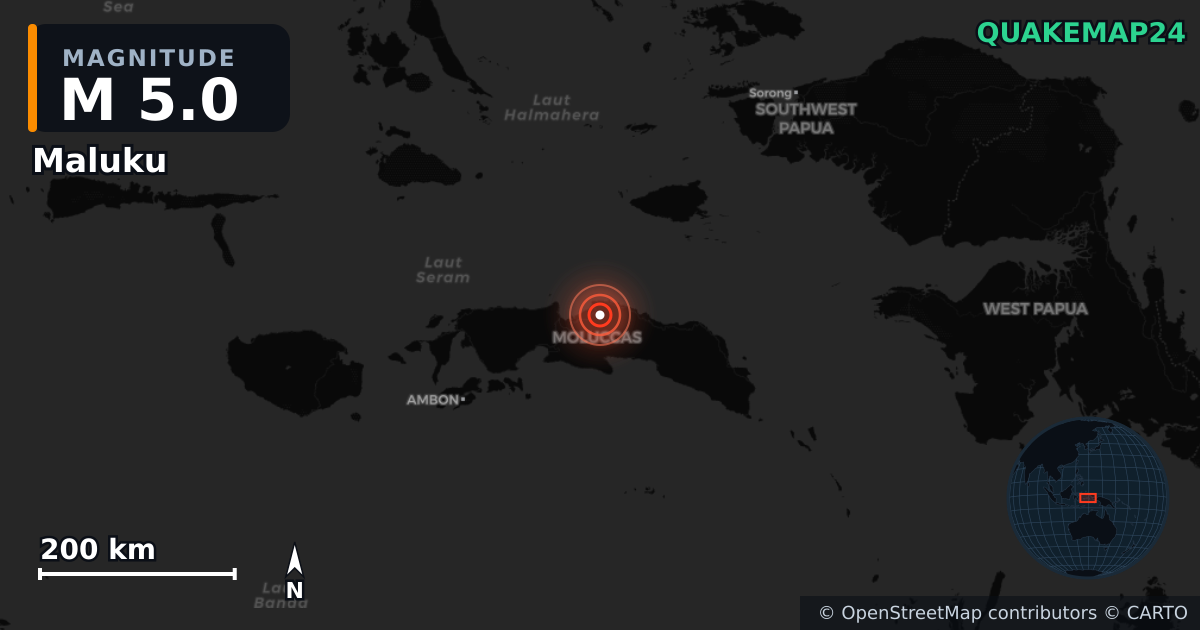 M5.0 earthquake near Maluku on Oct 19, 2025 — map of epicenter and shaking intensity | QuakeMap24