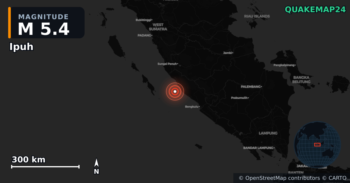M5.4 earthquake near Ipuh on Dec 14, 2025 — map of epicenter and shaking intensity | QuakeMap24