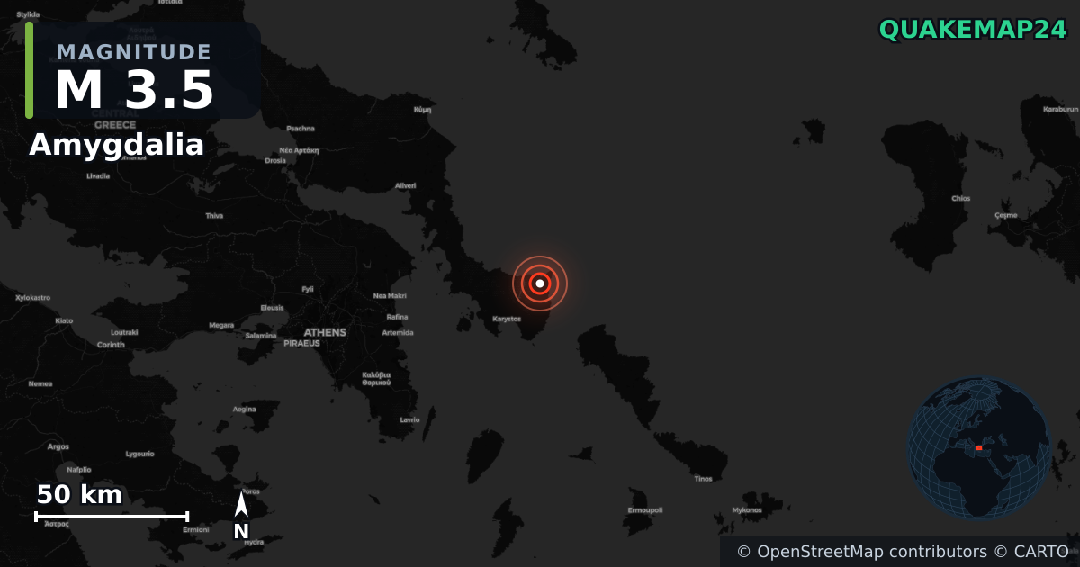 M3.5 earthquake near Amygdalia on Oct 22, 2025 — map of epicenter and shaking intensity | QuakeMap24