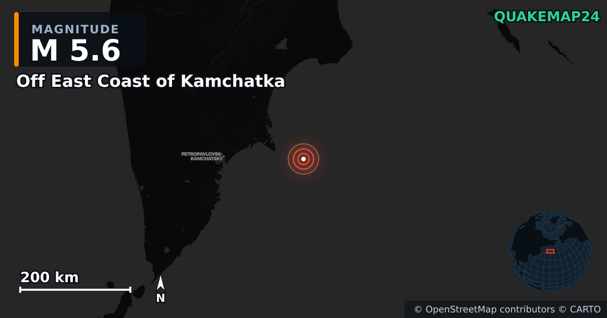 M5.6 earthquake near Off East Coast of Kamchatka on Jan 10, 2026 — map of epicenter and shaking intensity | QuakeMap24