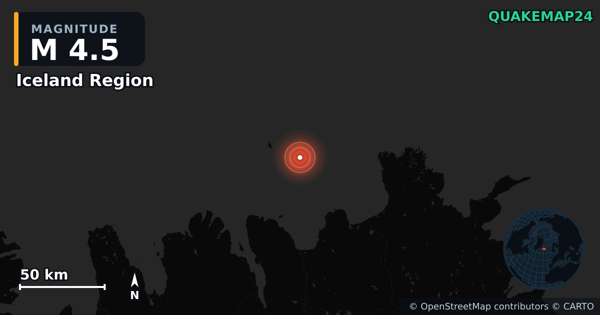 M4.5 earthquake near Iceland Region on May 13, 2025 — map of epicenter and shaking intensity | QuakeMap24