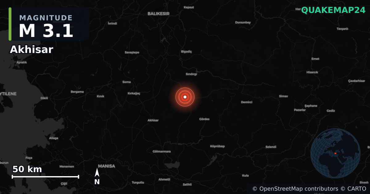 M3.1 earthquake near Akhisar on Oct 31, 2025 — map of epicenter and shaking intensity | QuakeMap24