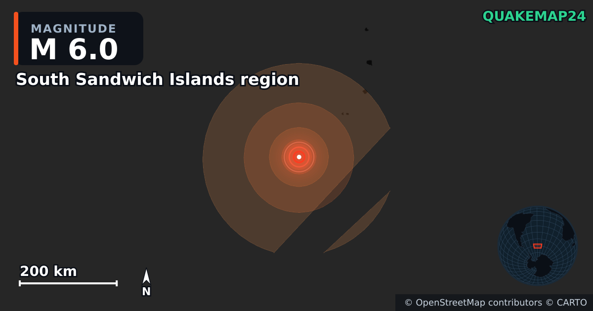 M6.0 earthquake near South Sandwich Islands region on Aug 12, 2026 — map of epicenter and shaking intensity | QuakeMap24