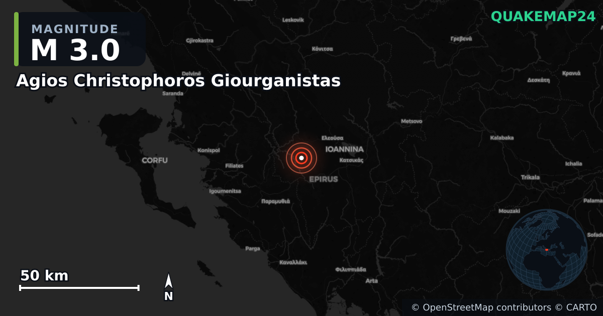 M3.0 earthquake near Agios Christophoros Giourganistas on Apr 9, 2026 — map of epicenter and shaking intensity | QuakeMap24