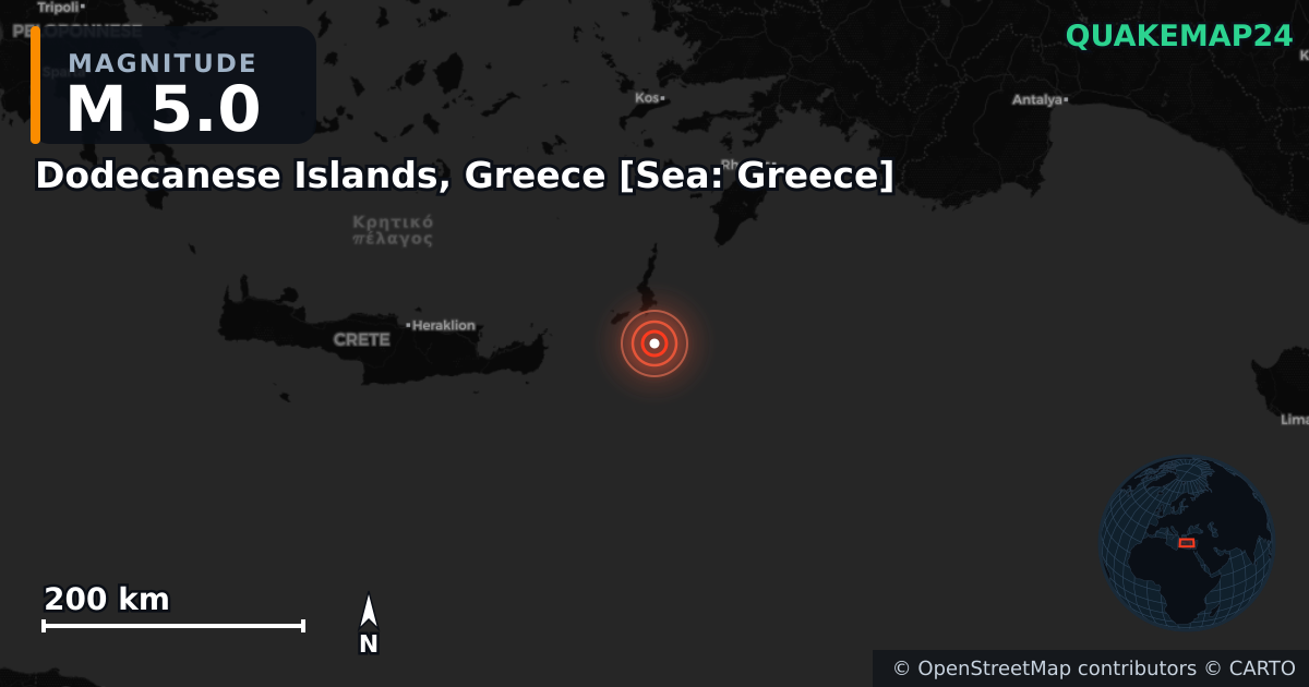 Erdbeben M5,0 bei Dodecanese Islands, Greece [Sea: Greece] — Karte der Lage des Epizentrums