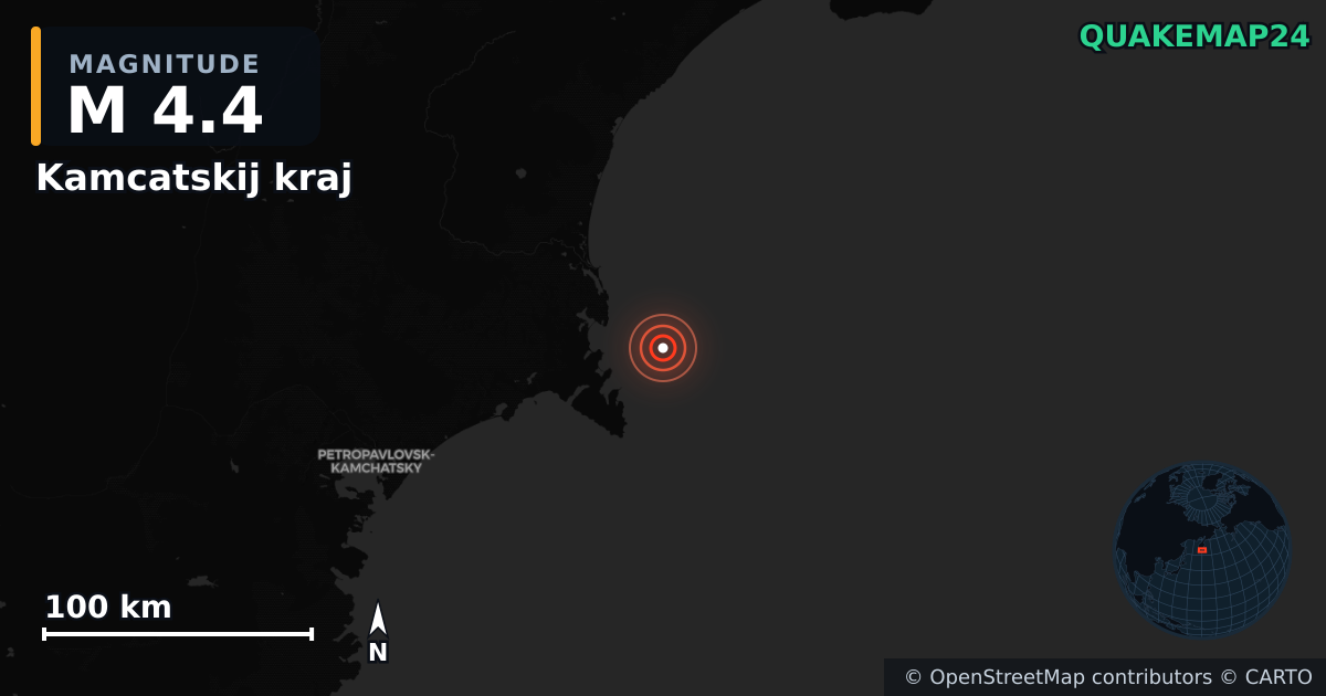 M4.4 earthquake near Kamcatskij kraj on Sep 25, 2025 — map of epicenter and shaking intensity | QuakeMap24