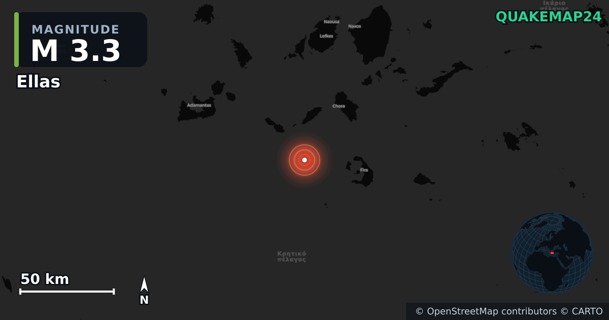 M3.3 earthquake near Ellas on Aug 20, 2025 — map of epicenter and shaking intensity | QuakeMap24