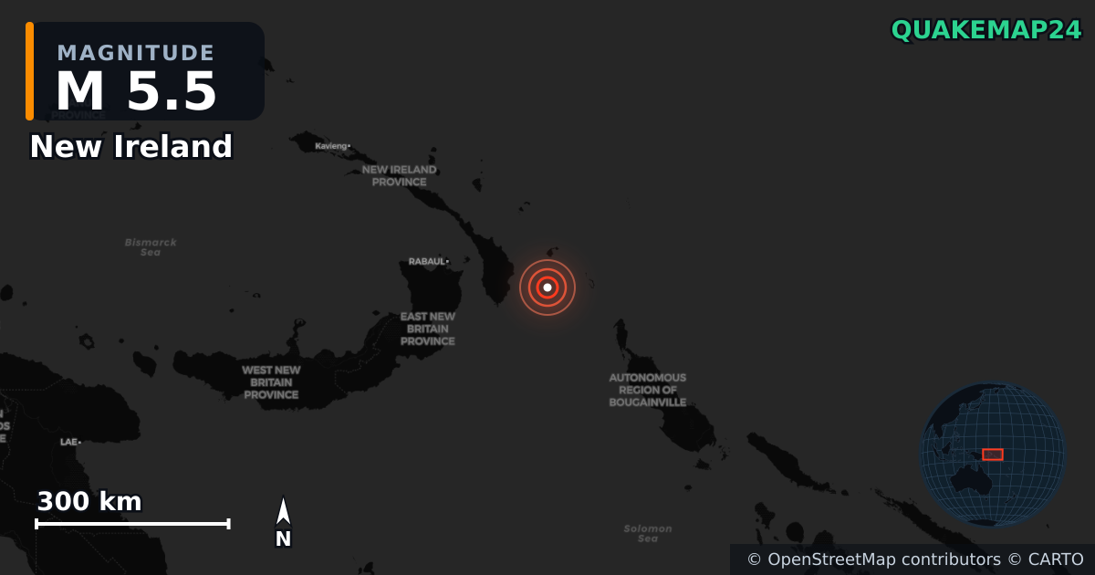 M5.5 earthquake near New Ireland on Apr 4, 2026 — map of epicenter and shaking intensity | QuakeMap24