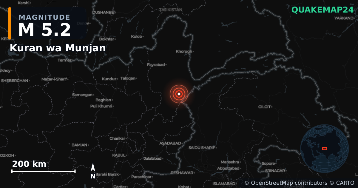 Erdbeben M5,2 bei Kuran wa Munjan, Badakhshan Province (Afghanistan) · 2026-10-25 — Karte der Lage des Epizentrums