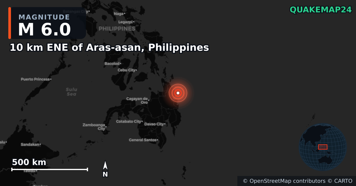 M6.0 earthquake near 10 km ENE of Aras-asan, Philippines on Oct 11, 2025 — map of epicenter and shaking intensity | QuakeMap24
