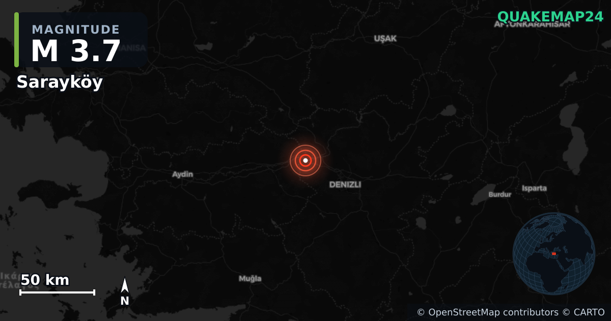 M3.7 earthquake near Sarayköy on Feb 24, 2026 — map of epicenter and shaking intensity | QuakeMap24