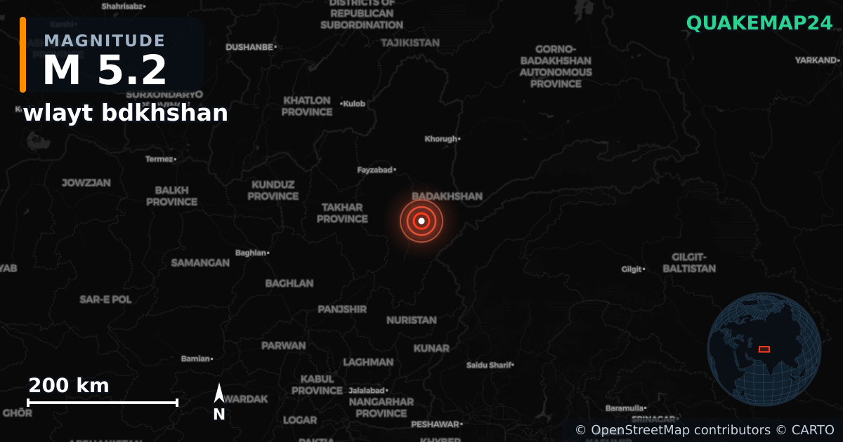 M5.2 earthquake near wlayt bdkhshan on Aug 19, 2025 — map of epicenter and shaking intensity | QuakeMap24