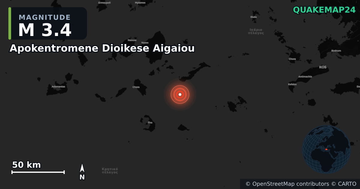 M3.4 earthquake near Apokentromene Dioikese Aigaiou on Jul 27, 2025 — map of epicenter and shaking intensity | QuakeMap24