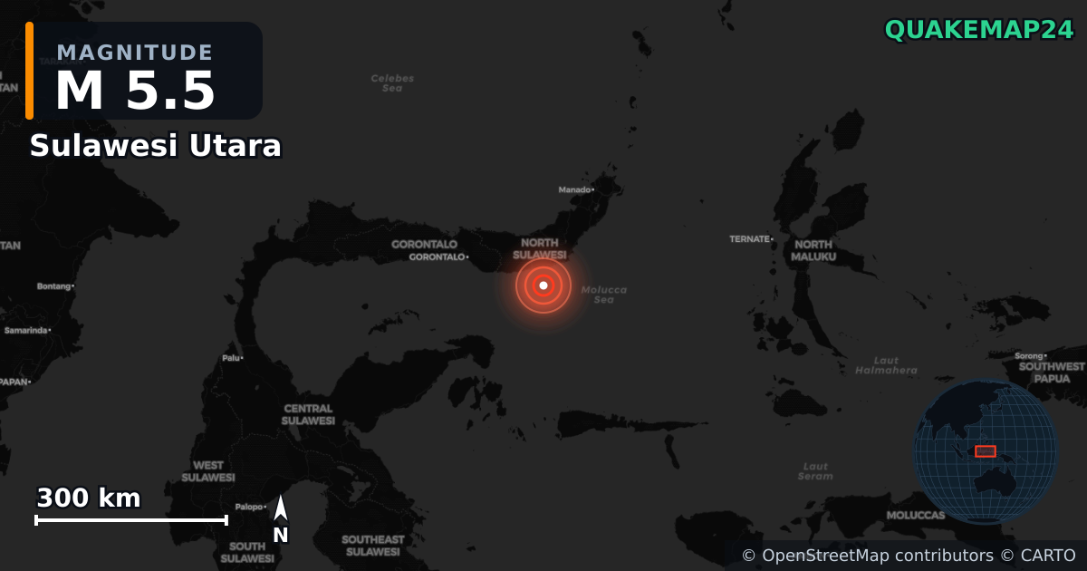 M5.5 earthquake near Sulawesi Utara on Nov 17, 2025 — map of epicenter and shaking intensity | QuakeMap24