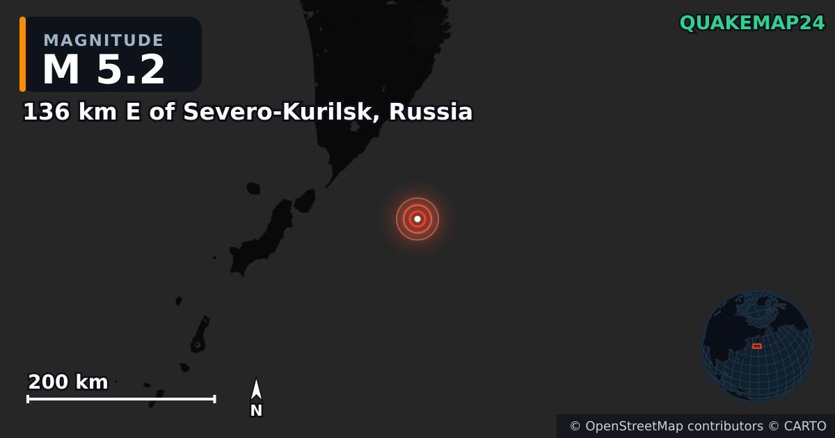 M5.2 earthquake near 136 km E of Severo-Kurilsk, Russia on Jul 30, 2025 — map of epicenter and shaking intensity | QuakeMap24