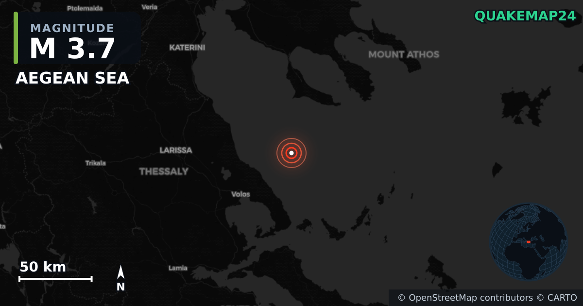 M3.7 earthquake near AEGEAN SEA on Dec 17, 2025 — map of epicenter and shaking intensity | QuakeMap24