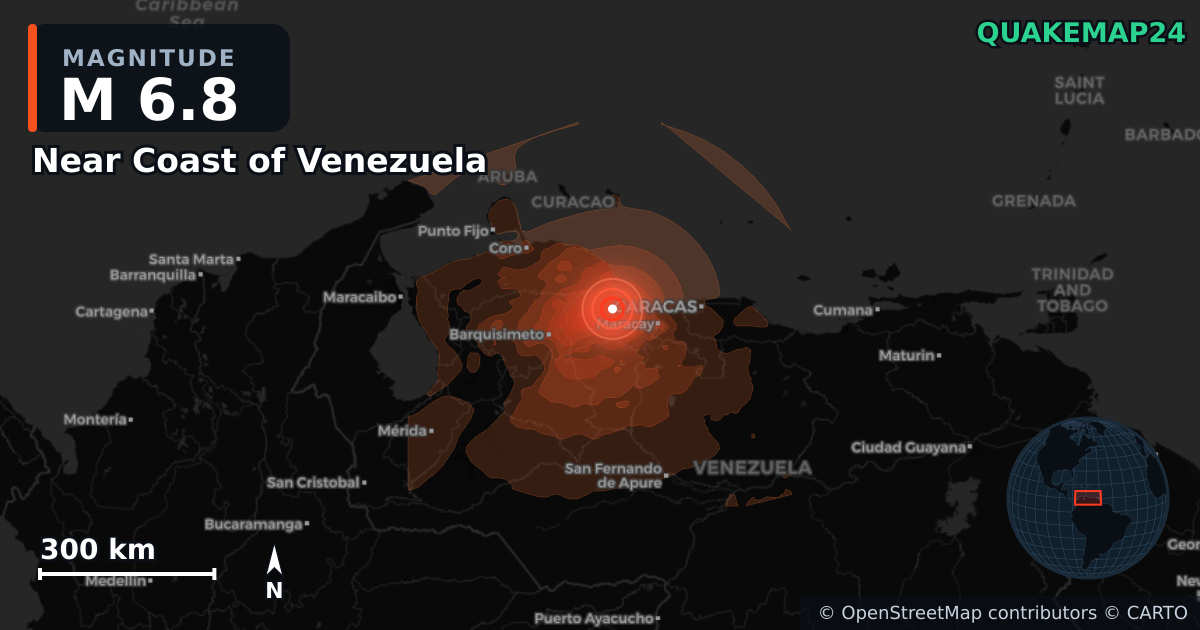 M6.8 earthquake near Near Coast of Venezuela on Jun 24, 2026 — map of epicenter and shaking intensity | QuakeMap24
