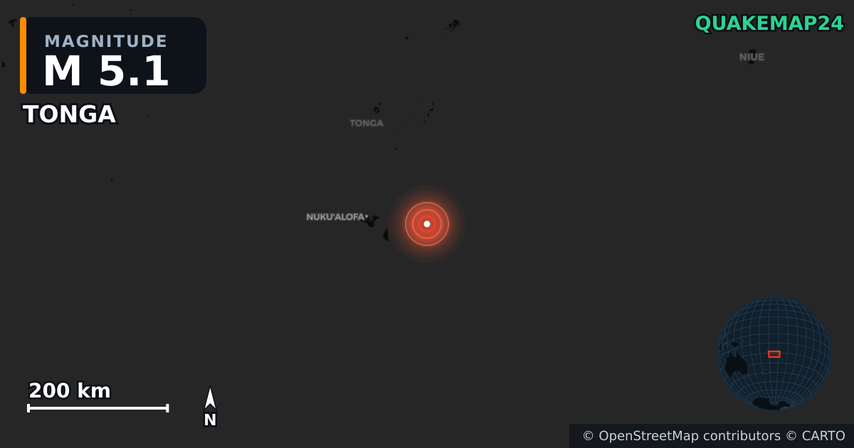 Erdbeben M5,1 bei TONGA — Karte der Lage des Epizentrums