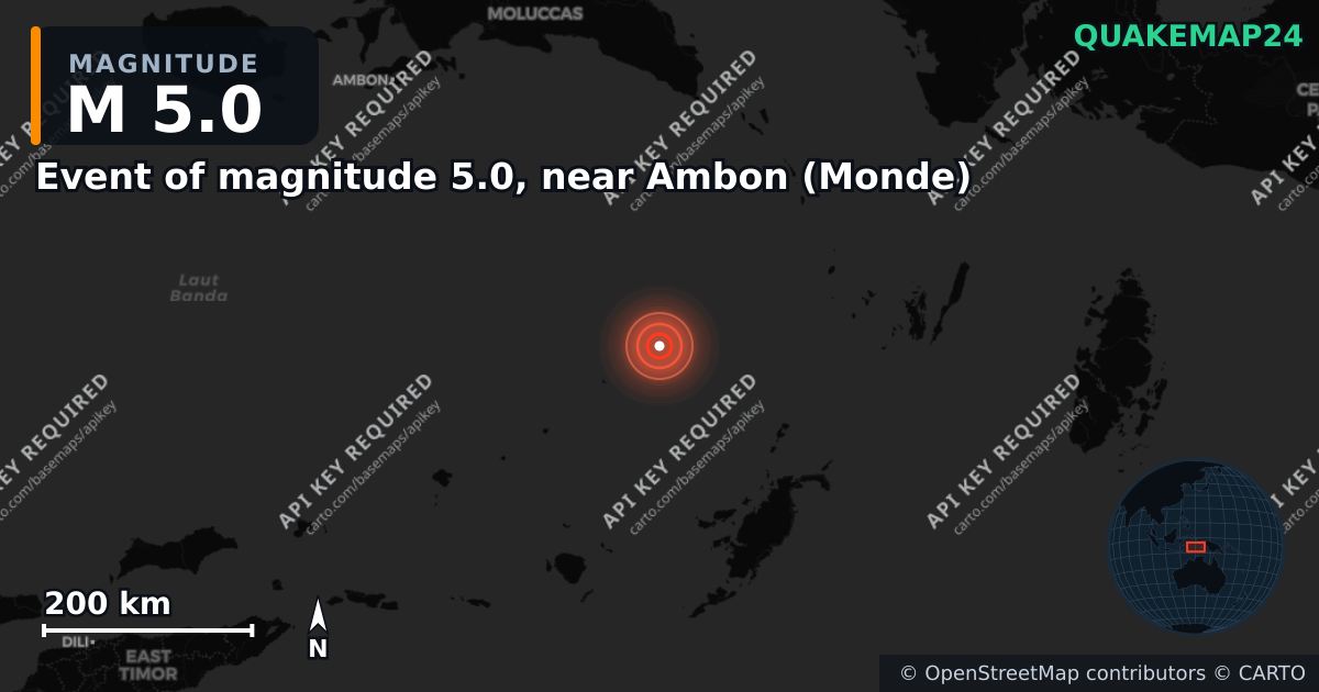 M5.0 earthquake near Event of magnitude 5.0, near Ambon (Monde) on May 2, 2026 — map of epicenter and shaking intensity | QuakeMap24