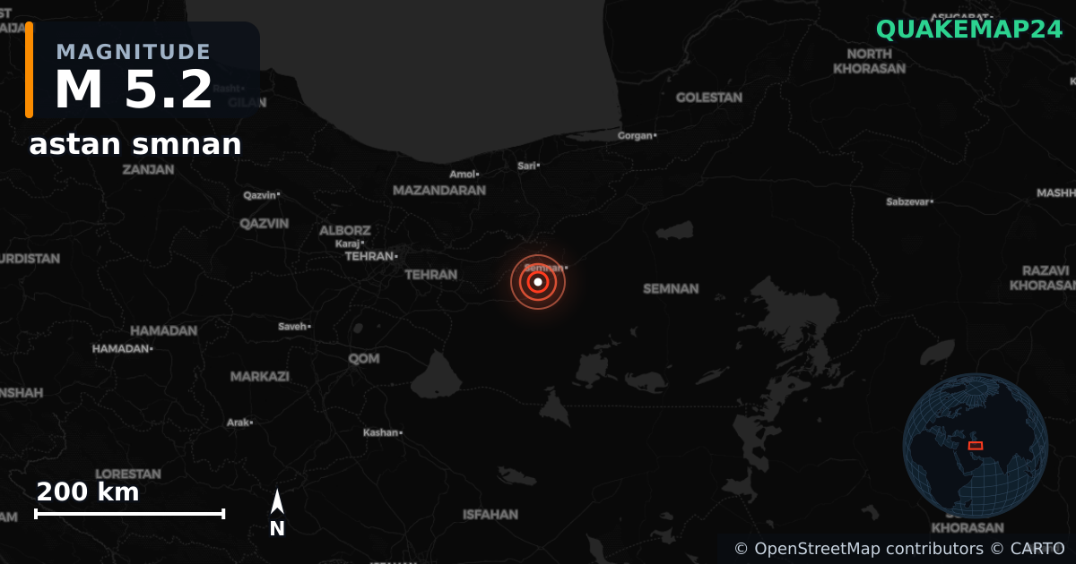 M5.2 earthquake near astan smnan on Jun 20, 2025 — map of epicenter and shaking intensity | QuakeMap24