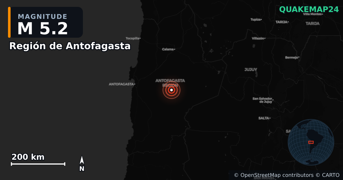 M5.2 earthquake near Región de Antofagasta on Sep 24, 2025 — map of epicenter and shaking intensity | QuakeMap24