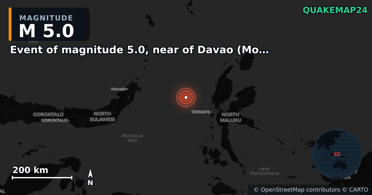 M5.0 earthquake near Event of magnitude 5.0, near of Davao (Monde) on Apr 1, 2026 — map of epicenter and shaking intensity | QuakeMap24