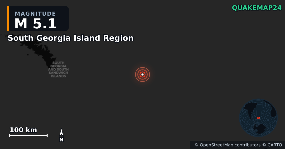 South Georgia Island Region yakınında M5,1 deprem — Deprem merkez üssünün konumunu gösteren harita