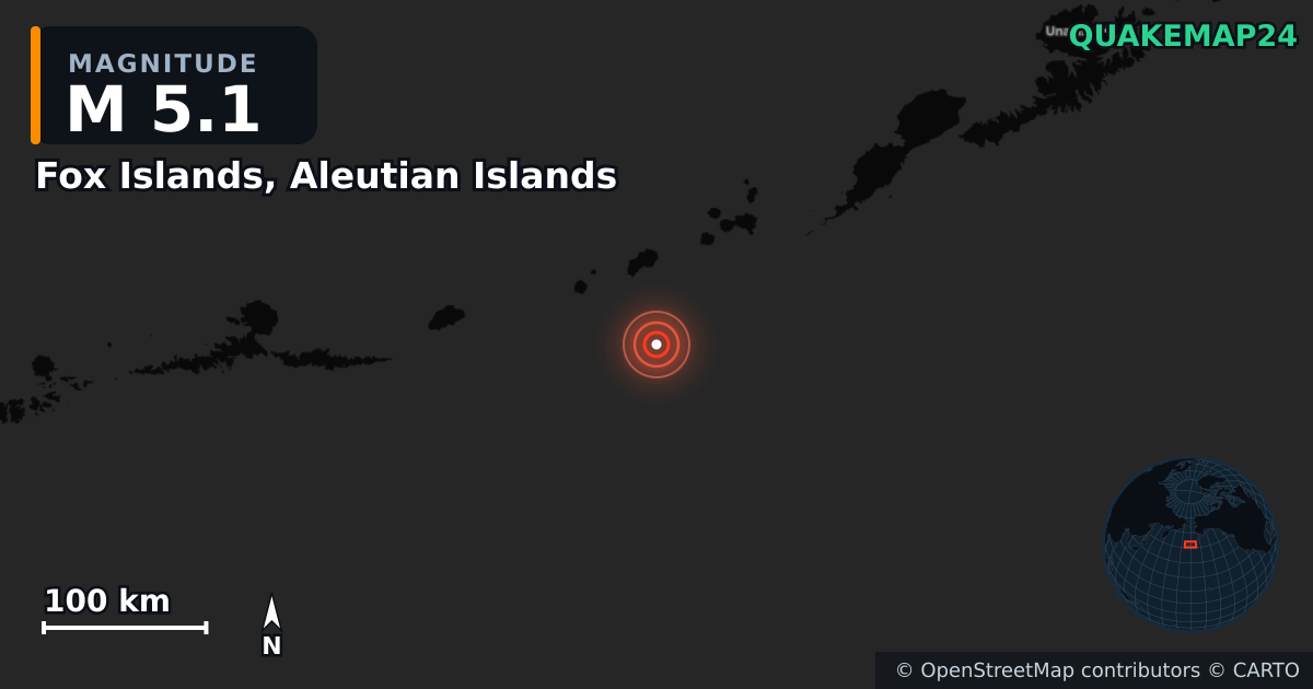 M5.1 earthquake near Fox Islands, Aleutian Islands on May 23, 2026 — map of epicenter and shaking intensity | QuakeMap24