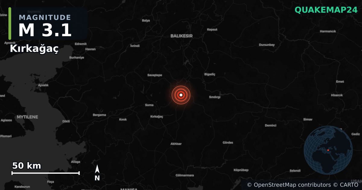 M3.1 earthquake near Kırkağaç on Aug 24, 2025 — map of epicenter and shaking intensity | QuakeMap24