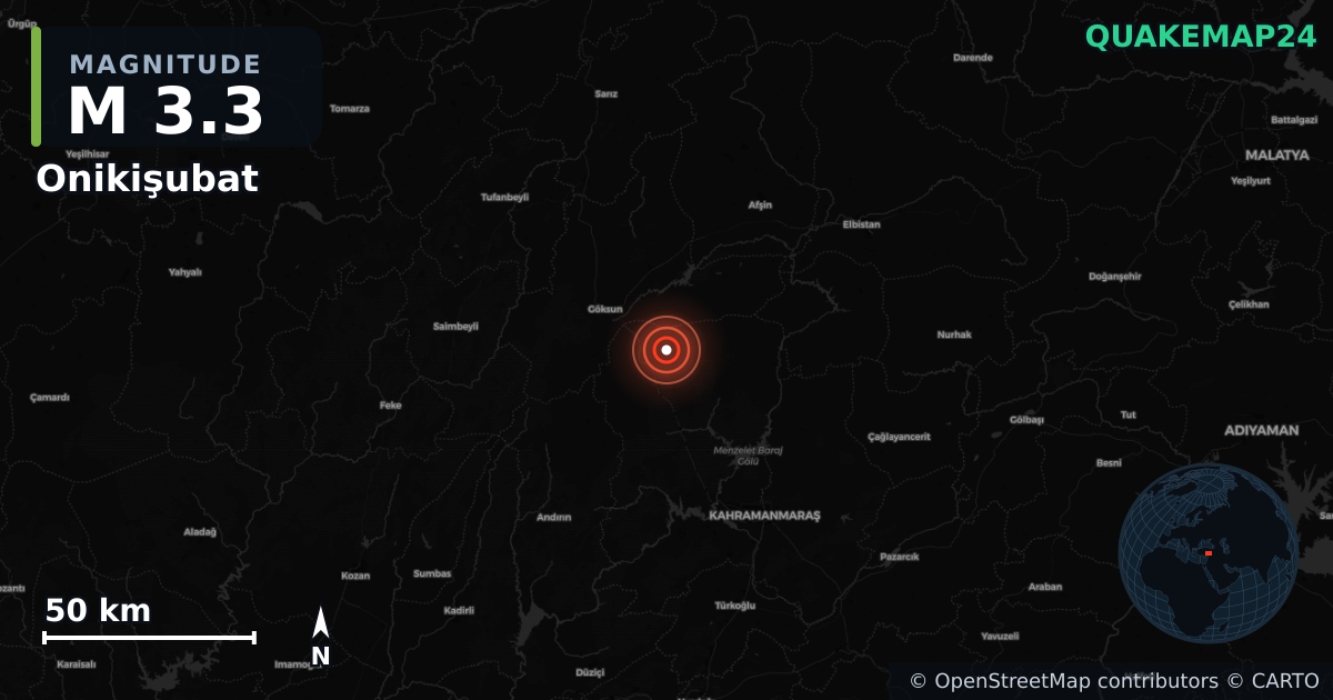M3.3 earthquake near Onikişubat on Sep 9, 2025 — map of epicenter and shaking intensity | QuakeMap24