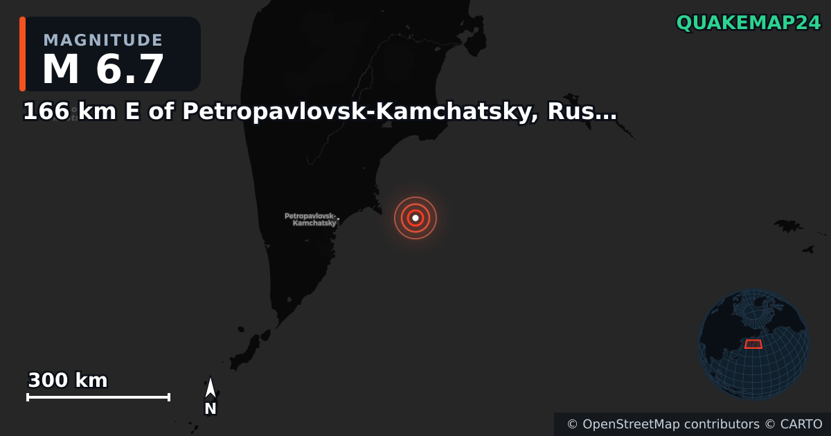 M6.7 earthquake near 166 km E of Petropavlovsk-Kamchatsky, Russia on Jul 20, 2025 — map of epicenter and shaking intensity | QuakeMap24