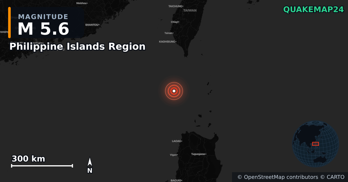 M5.6 earthquake near Philippine Islands Region on Feb 11, 2026 — map of epicenter and shaking intensity | QuakeMap24