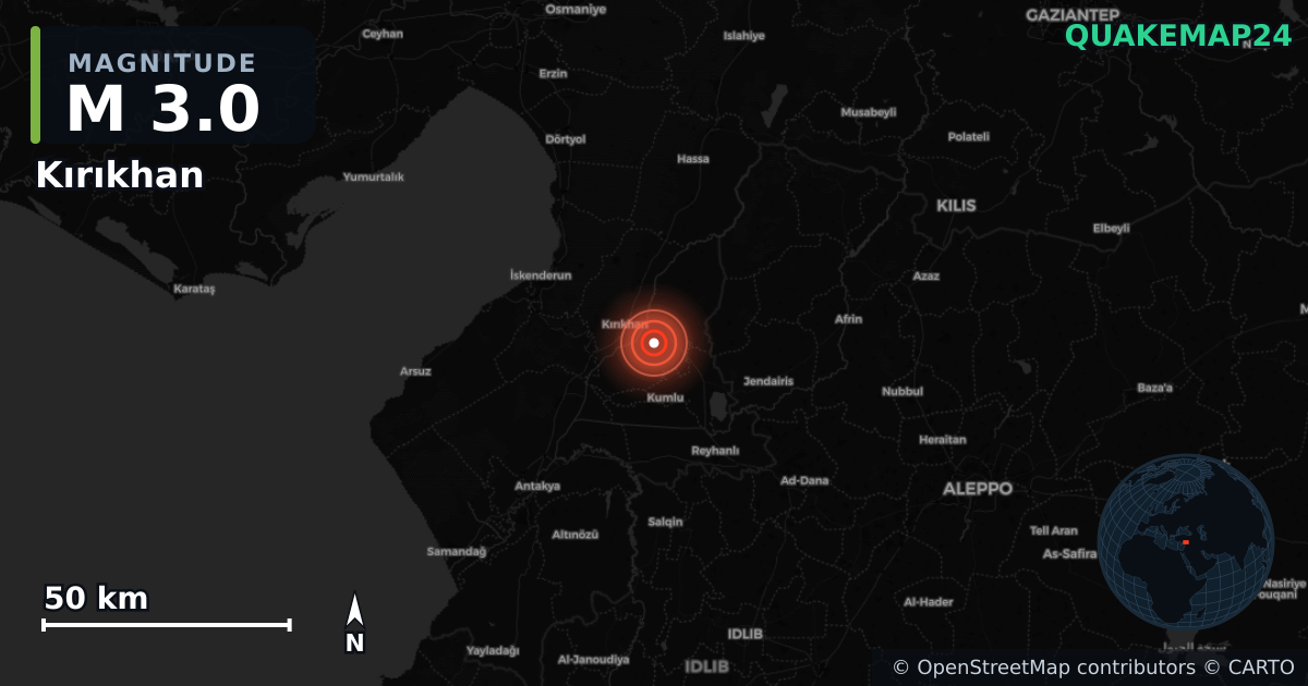 M3.0 earthquake near Kırıkhan on Oct 11, 2025 — map of epicenter and shaking intensity | QuakeMap24