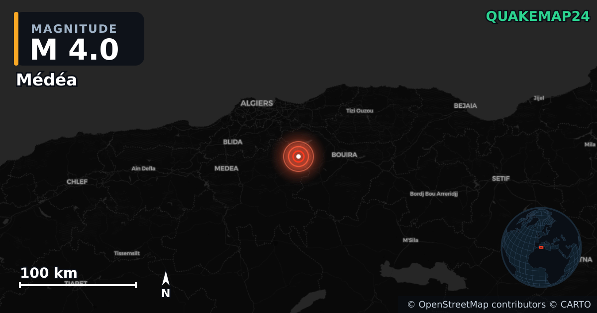 M4.0 earthquake near Médéa on Dec 30, 2025 — map of epicenter and shaking intensity | QuakeMap24