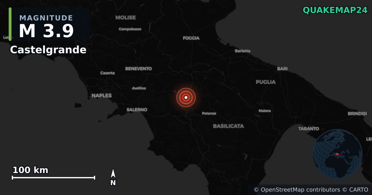 M3.9 earthquake near Castelgrande on Oct 25, 2025 — map of epicenter and shaking intensity | QuakeMap24