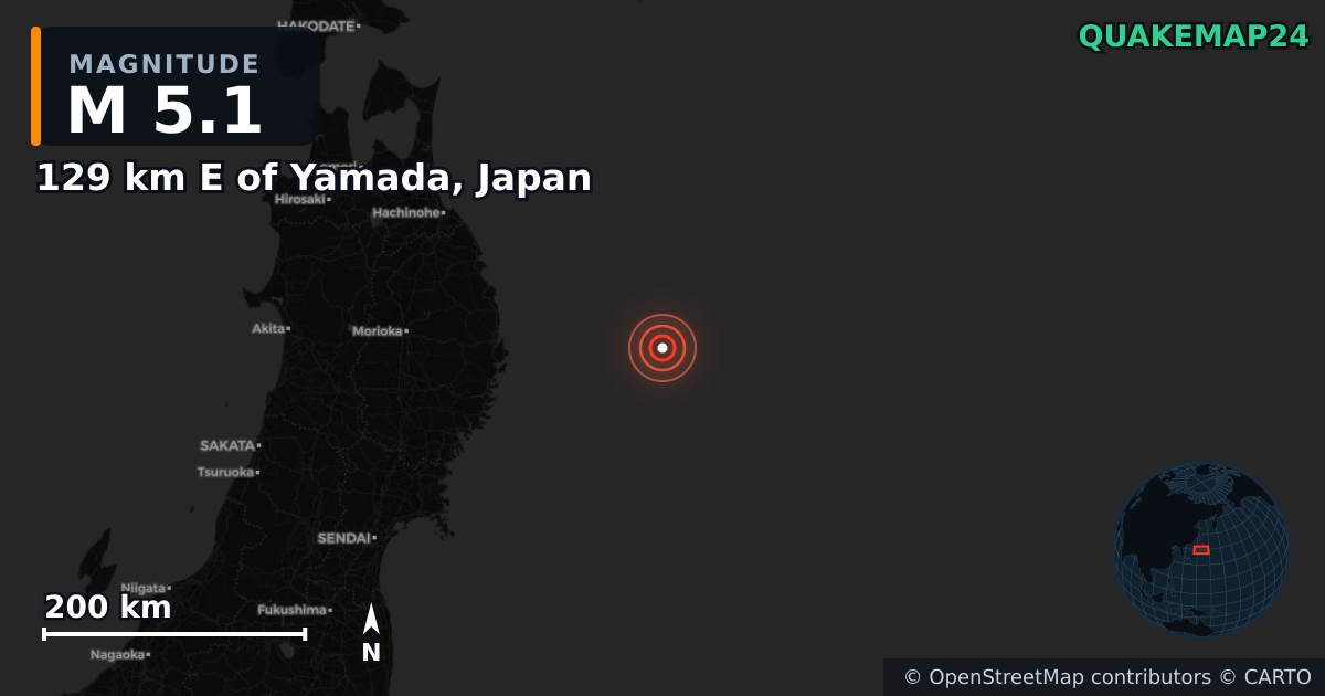 M5.1 earthquake near 129 km E of Yamada, Japan on Apr 20, 2026 — map of epicenter and shaking intensity | QuakeMap24