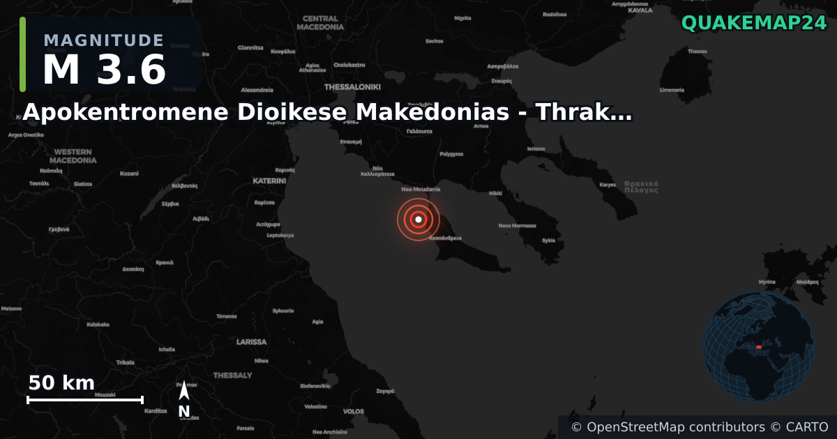 M3.6 earthquake near Apokentromene Dioikese Makedonias - Thrakes on Sep 1, 2025 — map of epicenter and shaking intensity | QuakeMap24